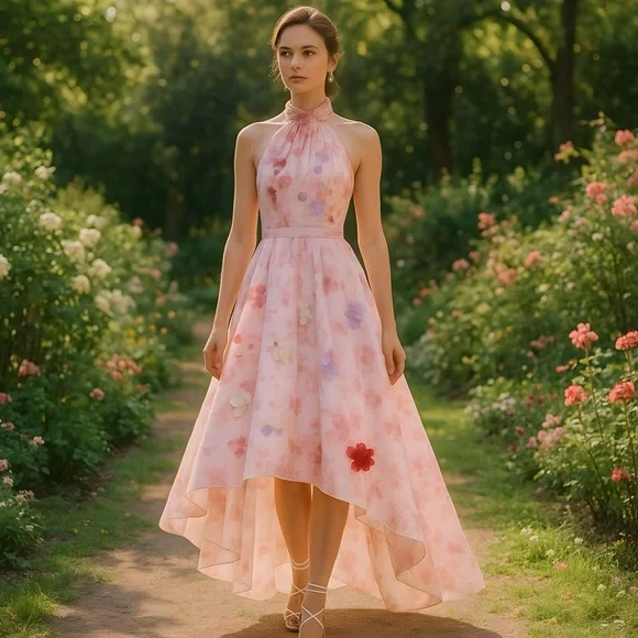 Elegant Pink Floral Halter Dress - Picture 3 of 3